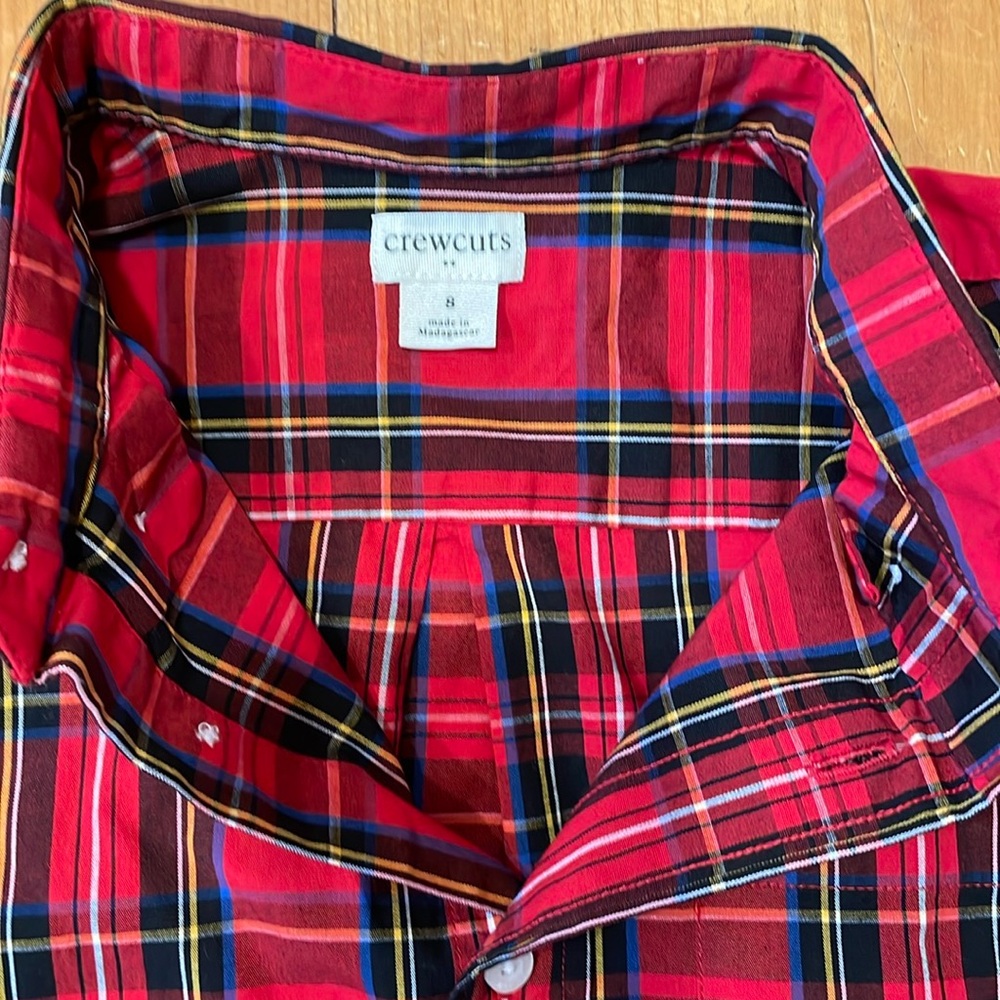 Crewcuts Shirt J Crew Boys Tartan Paid Button Down Poplin Red Black Size 8 Boy - Picture 4 of 7